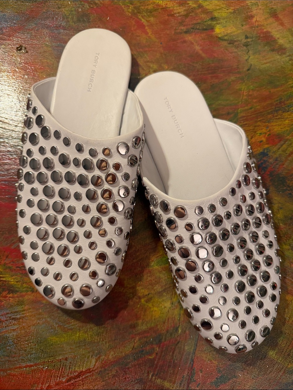 Tory Burch White Silver-tone Studded Leather Mules Like New Sz. 7.5 Flat Shoes